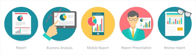 Vector un conjunto de 5 iconos de negocios como informe de análisis de negocios informe móvil