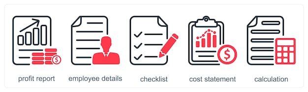 Un conjunto de 5 iconos de negocios como informe de ganancias lista de verificación de detalles de empleados