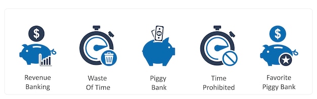 Un conjunto de 5 íconos de negocios como ingresos bancarios pérdida de tiempo alcantarilla