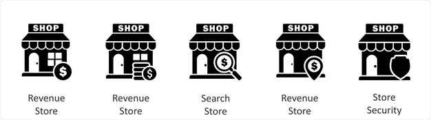 Un conjunto de 5 iconos de negocios como ingresos tienda de búsqueda tienda de seguridad