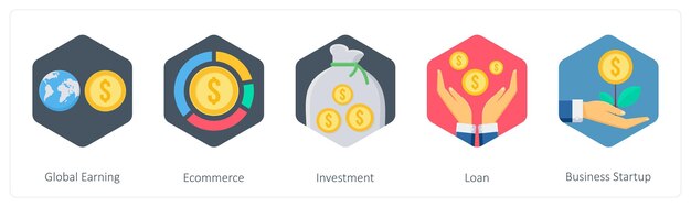 Un conjunto de 5 íconos de negocios como inversión de comercio electrónico de ganancias globales