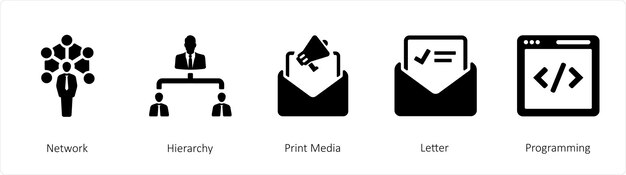 Un conjunto de 5 iconos de negocios, como la jerarquía de la red de medios de impresión