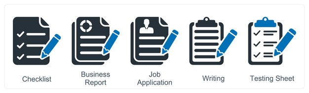 Un conjunto de 5 iconos de negocios como lista de comprobación informe de negocios solicitud de trabajo