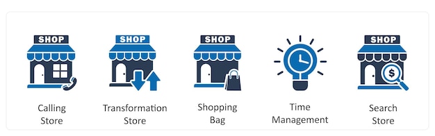 Un conjunto de 5 iconos de negocios como llamadas de la tienda de transformación de la bolsa de compras de la tienda