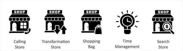 Un conjunto de 5 iconos de negocios como llamadas de la tienda de transformación de la bolsa de compras de la tienda