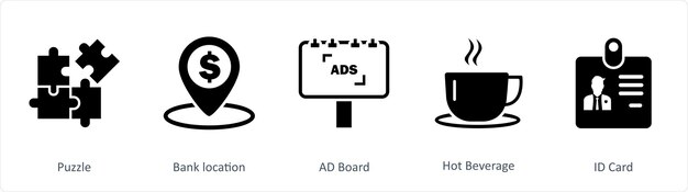 Vector un conjunto de 5 iconos de negocios como locación del banco de rompecabezas tablero de anuncios