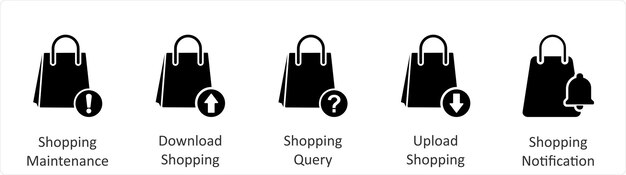 Un conjunto de 5 iconos de negocios como mantenimiento de compras descarga de compras consulta de compras