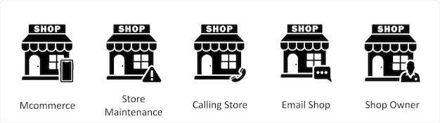 Un conjunto de 5 iconos de negocios como mantenimiento de la tienda mcommerce llamando a la tienda