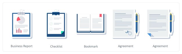 Un conjunto de 5 iconos de negocios como marcador de lista de comprobación de informes de negocios