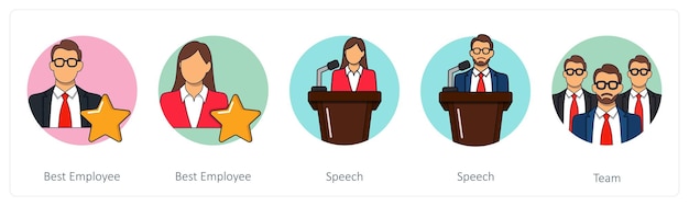 Un conjunto de 5 íconos de negocios como el mejor equipo de discursos de empleados