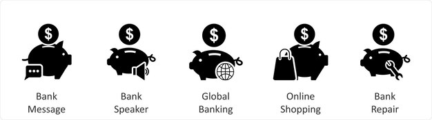 Un conjunto de 5 iconos de negocios como mensaje bancario orador bancario global bancario