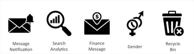 Un conjunto de 5 iconos de negocios como mensaje de notificación de búsqueda de análisis de finanzas mensaje