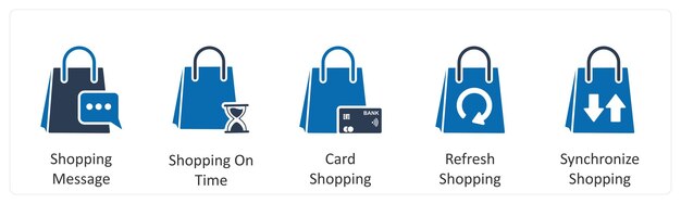 Un conjunto de 5 íconos de negocios como mensajes de compras shoppig en las compras de tarjetas de tiempo