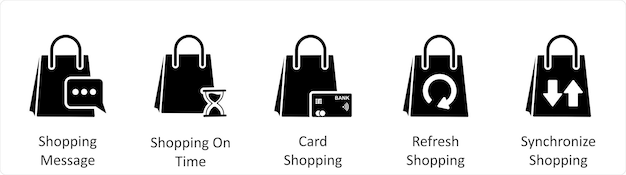 Un conjunto de 5 íconos de negocios como mensajes de compras shoppig en las compras de tarjetas de tiempo