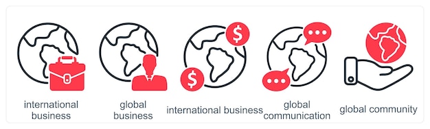 Un conjunto de 5 íconos de negocios como negocios internacionales negocios globales comunicación global