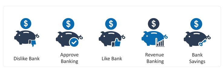 Vector un conjunto de 5 iconos de negocios como no gustan del banco aprueban la banca como el banco