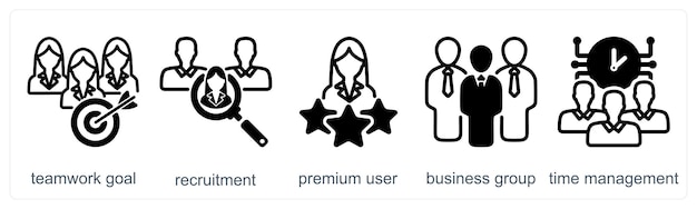 Un conjunto de 5 iconos de negocios como objetivo de trabajo en equipo de reclutamiento de usuarios premium