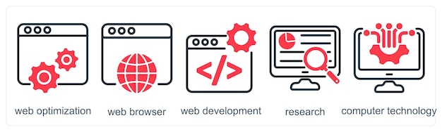 Un conjunto de 5 iconos de negocios como optimización web navegador web desarrollo web