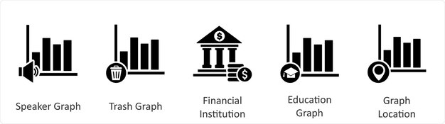Un conjunto de 5 iconos de negocios como orador gráfico de basura gráfico institución financiera
