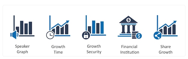 Un conjunto de 5 iconos de negocios como orador gráfico de crecimiento tiempo de crecimiento seguridad