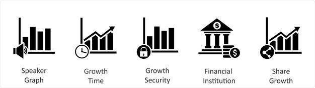 Un conjunto de 5 iconos de negocios como orador gráfico de crecimiento tiempo de crecimiento seguridad