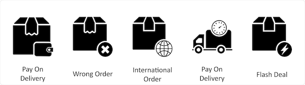 Un conjunto de 5 íconos de negocios como pago en la entrega orden equivocada orden internacional