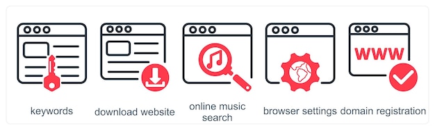 Un conjunto de 5 iconos de negocios como palabras clave descargar sitio web búsqueda de música en línea