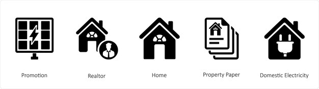 Un conjunto de 5 iconos de negocios como paneles solares Realtor Home