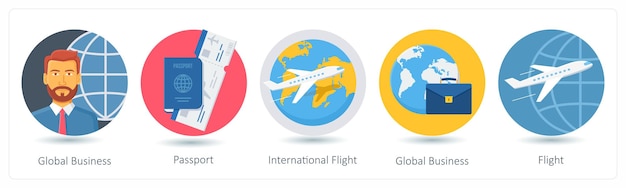 Un conjunto de 5 iconos de negocios como pasaporte de negocios global vuelo internacional