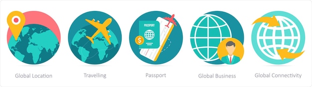 Un conjunto de 5 iconos de negocios como pasaporte de viaje de ubicación global