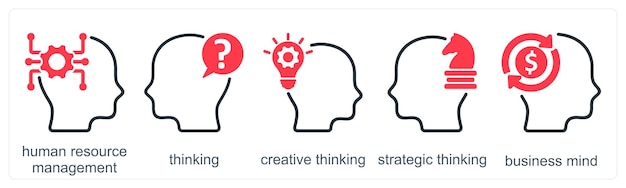 Un conjunto de 5 iconos de negocios como el pensamiento creativo de gestión de recursos humanos
