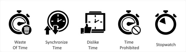 Un conjunto de 5 iconos de negocios como pérdida de tiempo sincronizar el tiempo disgustar el tiempo