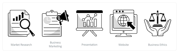 Un conjunto de 5 iconos de negocios como presentación de marketing de investigación de mercado