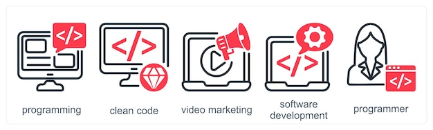 Un conjunto de 5 iconos de negocios como programación de código limpio de video marketing