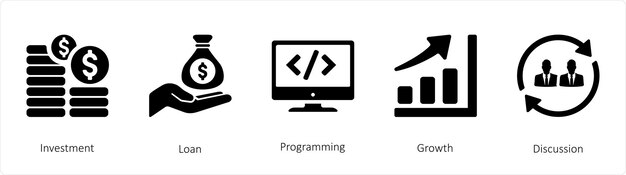 Un conjunto de 5 iconos de negocios como la programación de préstamos de inversión