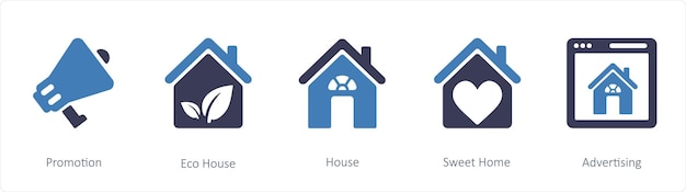 Un conjunto de 5 iconos de negocios como Promoción Eco House