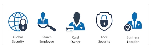 Un conjunto de 5 iconos de negocios como propietario de la tarjeta de empleado de búsqueda de seguridad global