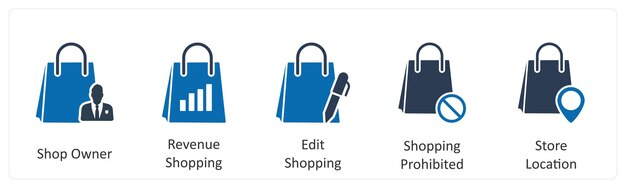 Un conjunto de 5 iconos de negocios como propietario de la tienda ingresos compras editar compras