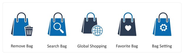 Un conjunto de 5 iconos de negocios como quitar la bolsa de búsqueda de la bolsa de compras globales