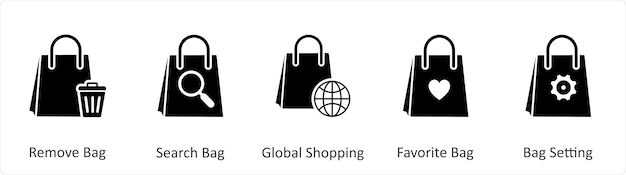 Un conjunto de 5 iconos de negocios como quitar la bolsa de búsqueda de la bolsa de compras globales