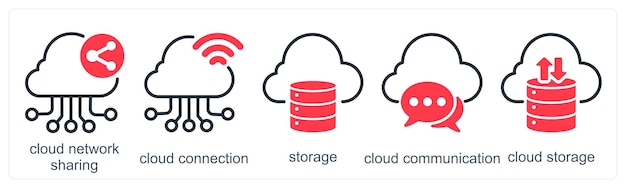 Un conjunto de 5 iconos de negocios como red en la nube compartiendo almacenamiento de conexión en la nube