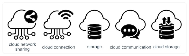 Un conjunto de 5 iconos de negocios como red en la nube compartiendo almacenamiento de conexión en la nube
