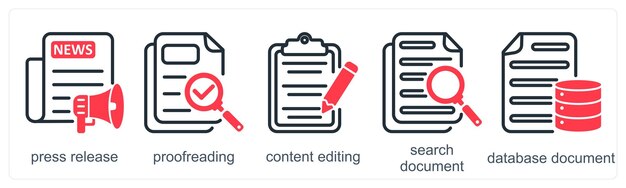 Un conjunto de 5 íconos de negocios como redacción de contenido de revisión de comunicados de prensa