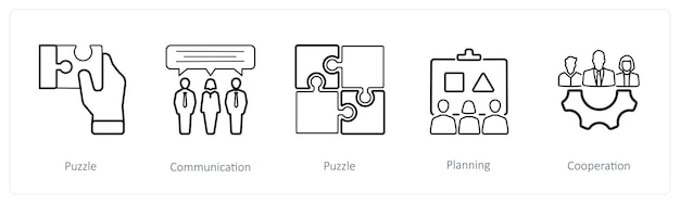 Un conjunto de 5 iconos de negocios, como el rompecabezas de comunicación