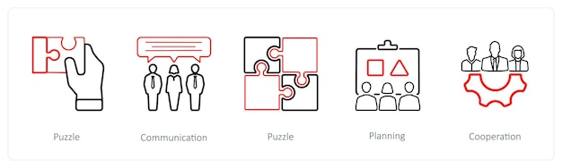 Un conjunto de 5 iconos de negocios, como el rompecabezas de comunicación