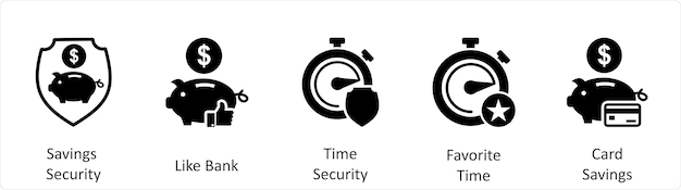 Un conjunto de 5 iconos de negocios como seguridad de ahorro como seguridad de tiempo bancario