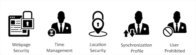 Un conjunto de 5 iconos de negocios como seguridad de la página web seguridad de la ubicación de gestión de tiempo