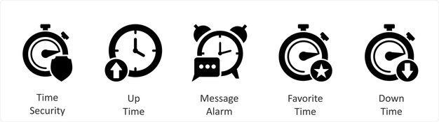 Un conjunto de 5 iconos de negocios como seguridad de tiempo hasta la alarma de mensaje de tiempo