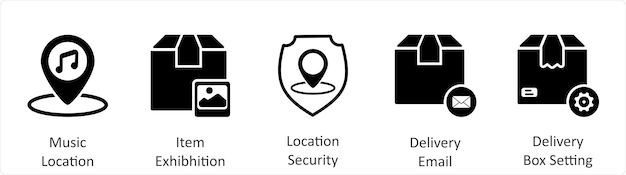 Un conjunto de 5 iconos de negocios como seguridad de la ubicación de la exposición de artículos de ubicación de música