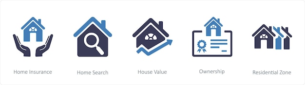 Un conjunto de 5 iconos de negocios como el seguro de hogar búsqueda de hogar